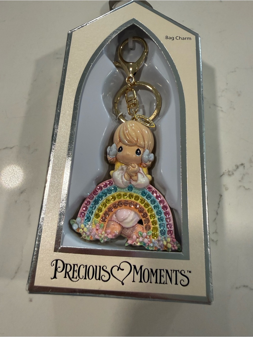 Precious Moments Pastel Rainbow Angel Keychain with Gold Hardware